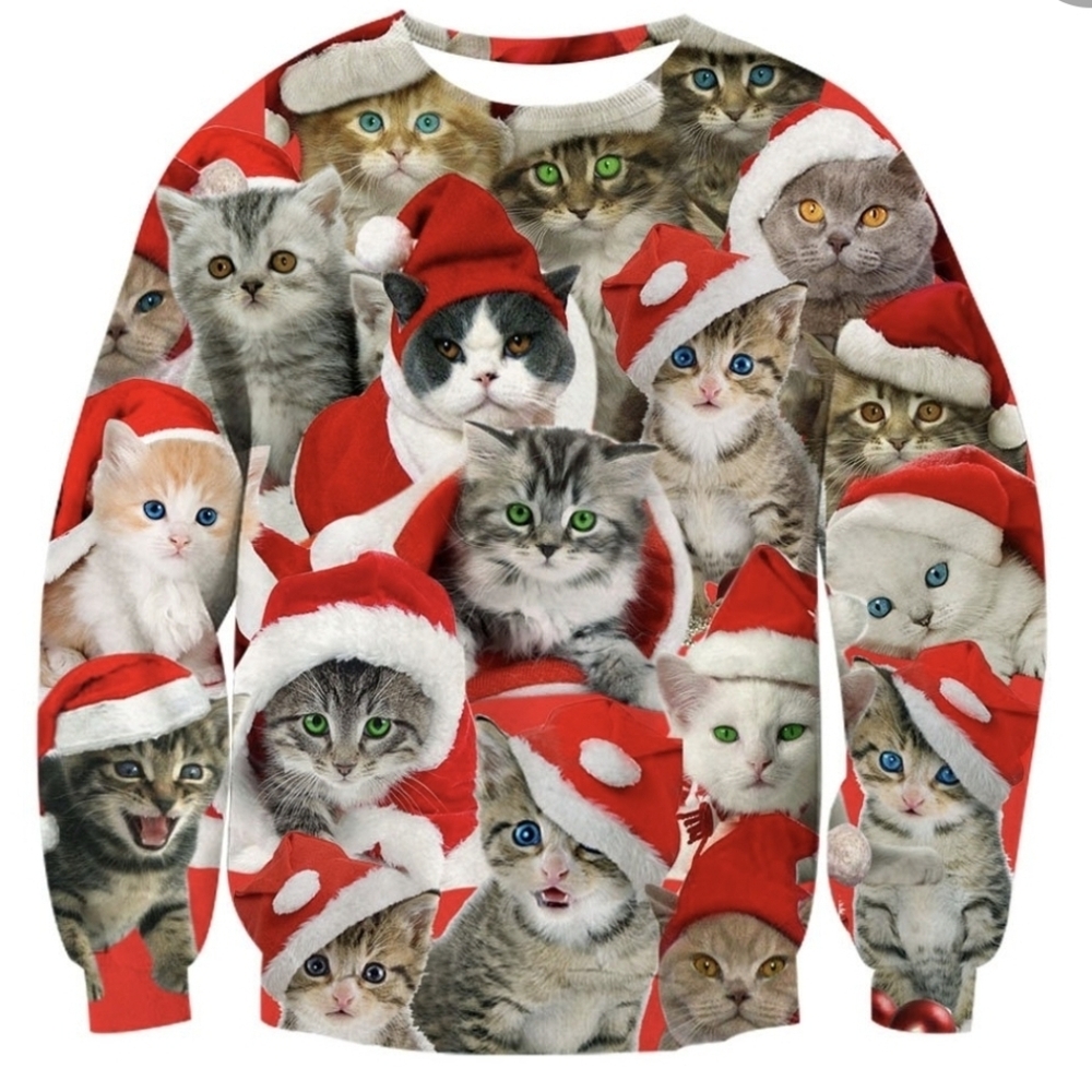 Ugly Unisex Christmas Sweatshirt Funny Santa Kitten Paint Holiday Crewneck 3XL